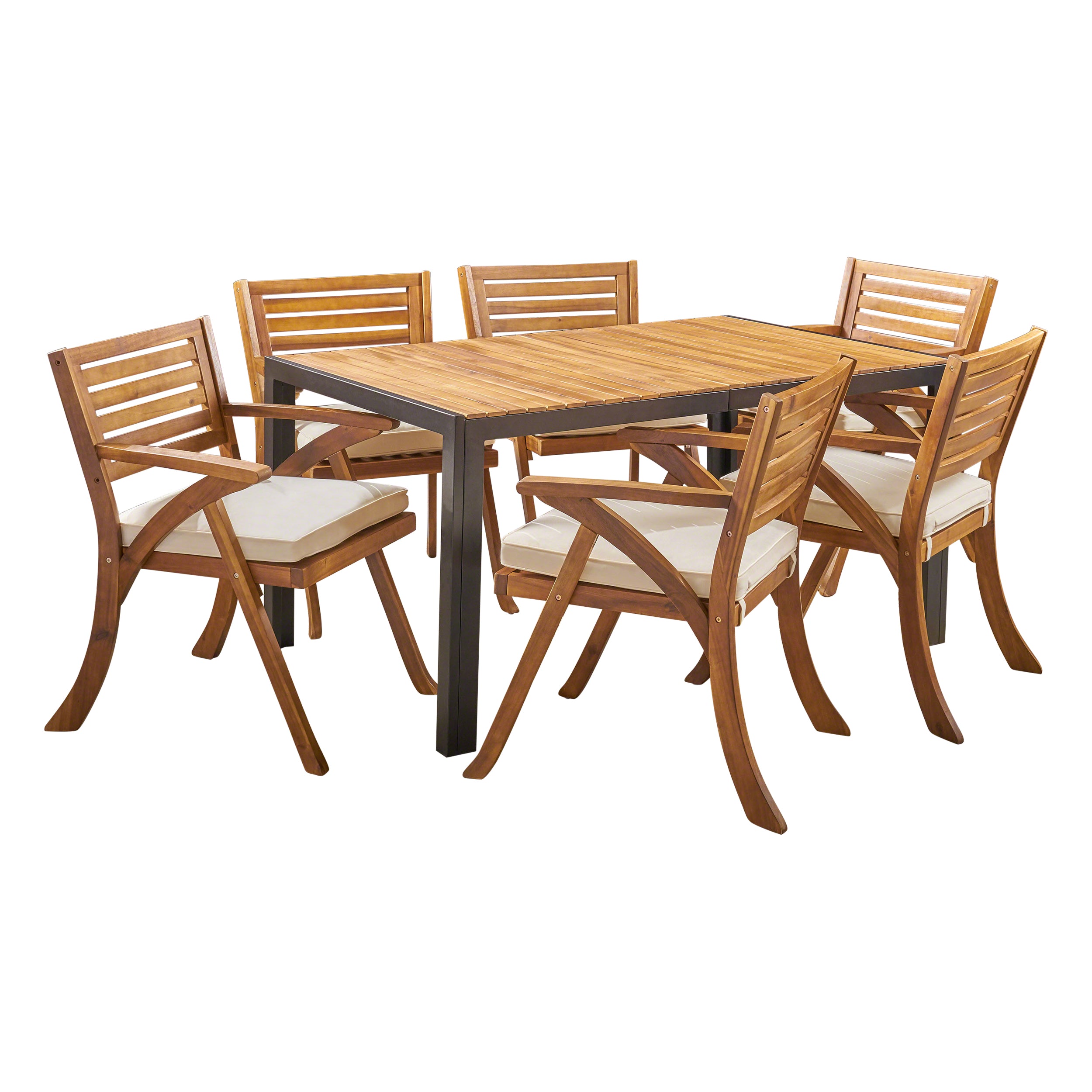 Melissa Outdoor 6-Seater Rectangular Acacia Wood and Iron Dining Set, Teak with Black and Cream