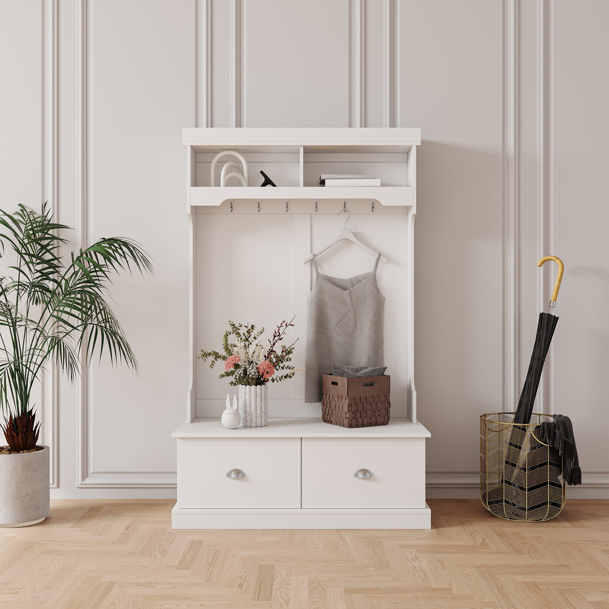 Modern Open Corner Bedroom Wardrobe with Hanging Rods and 2 Drawers - - 37891419