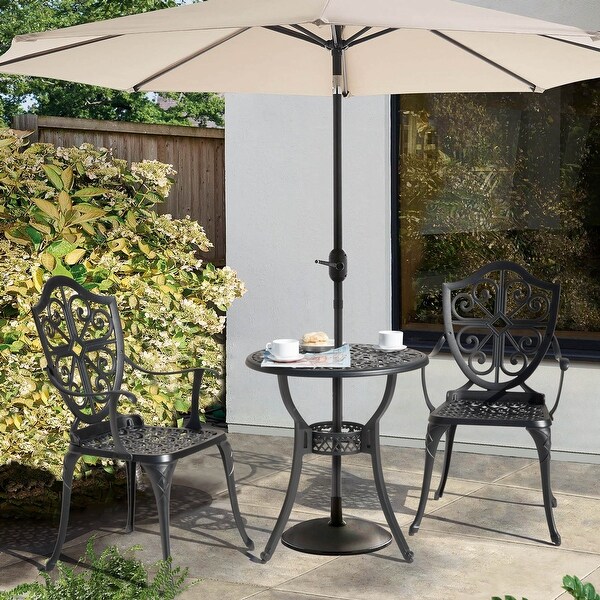 24 Inch Cast Aluminum Bistro Table with Umbrella Hole and 2 Bistro Chairs