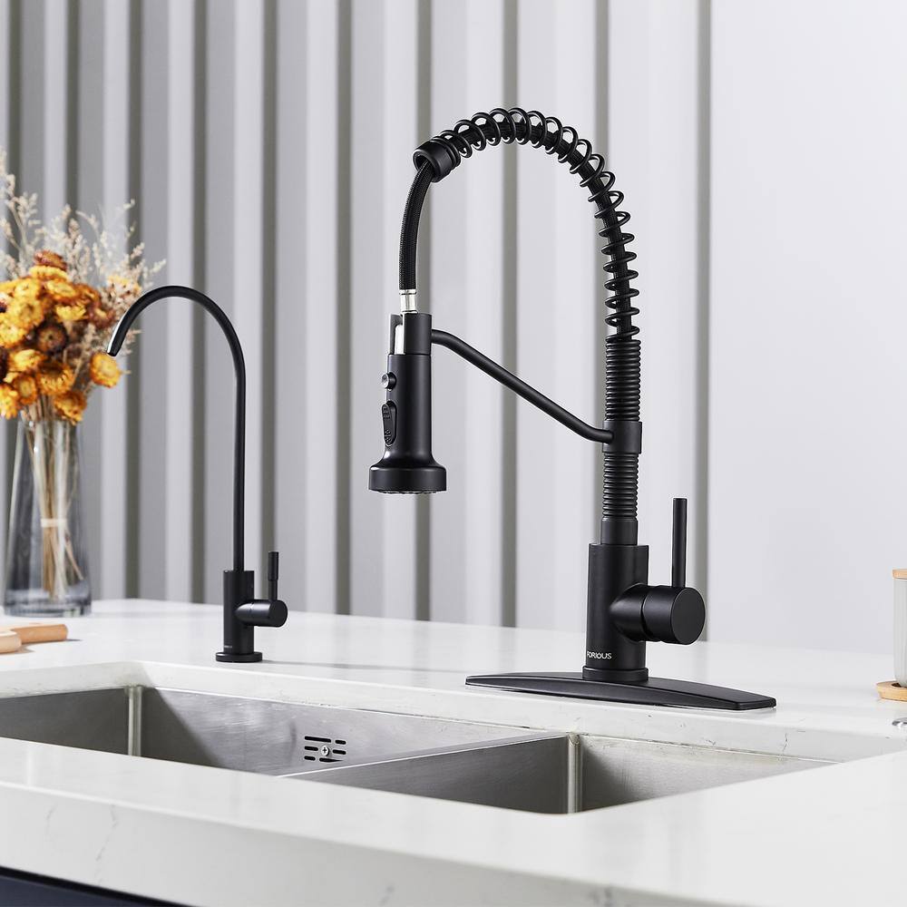 FORIOUS Pull Down Sprayer with Kitchen Faucet Single-Handle Kitchen Sink Faucet in Black HH0027B