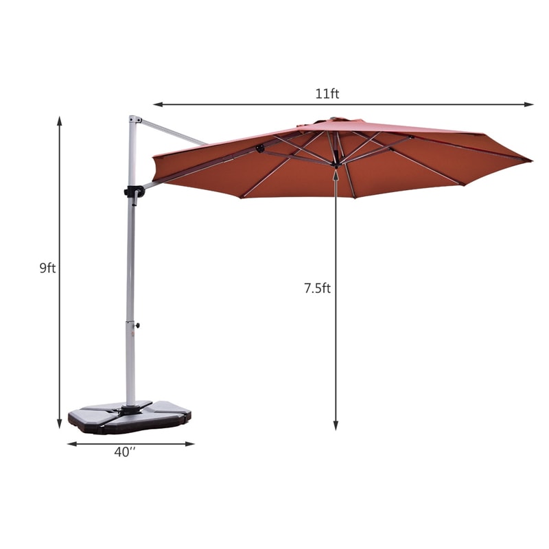 11 FT Patio Offset Cantilever Umbrella 360° Rotation Tilt with Cross Base & Crank Handle