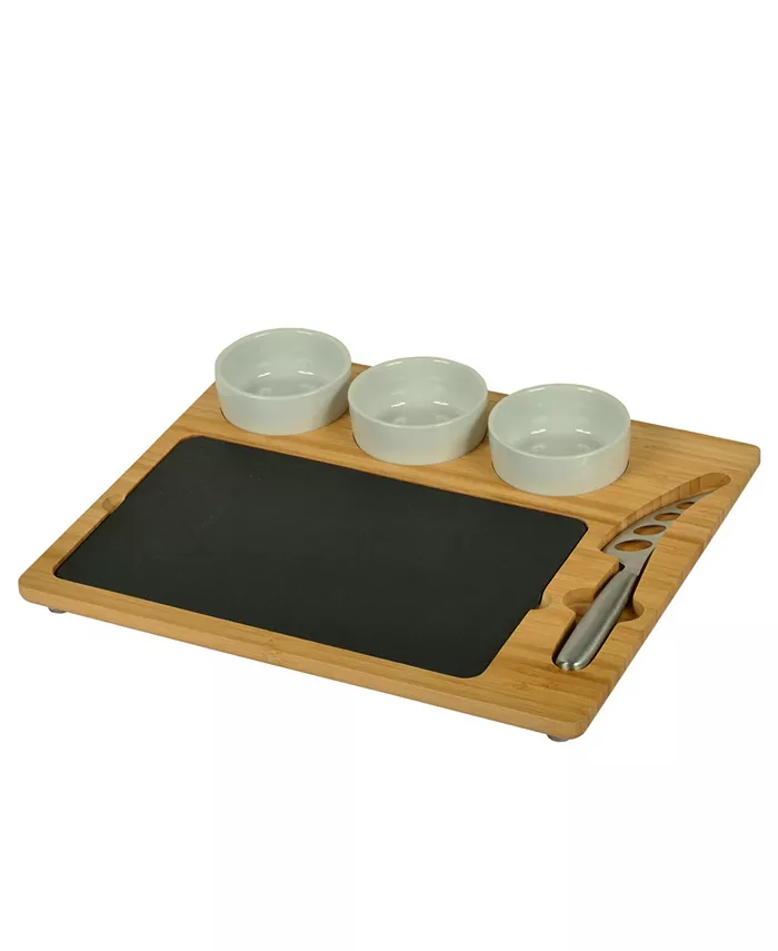 Picnic At Ascot Deluxe Bamboo Slate Cheese Board 3 Bowls Multifunction Knife