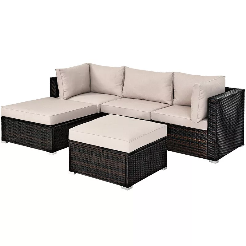 5 Pieces Patio Rattan Sectional Conversation Ottoman Furniture Set