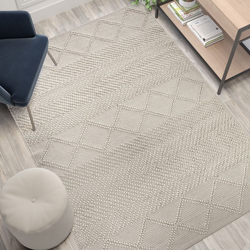 Emma and Oliver 5' x 7' Triple Blend Ivory and White Handwoven Geometric Area Rug