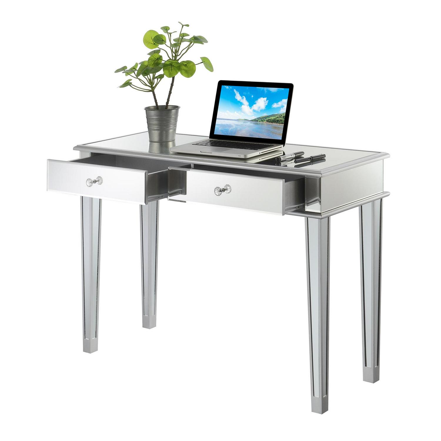 Convenience Concepts Gold Coast Deluxe 2 Drawer Mirrored Desk/Console Table， Mirror/Silver