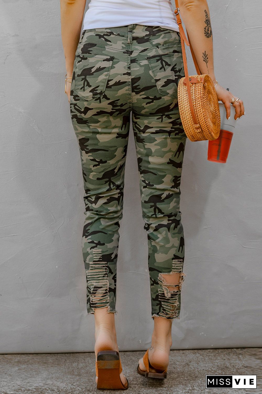 Green Camouflage Hollow out Skinny Jeans with Pocket