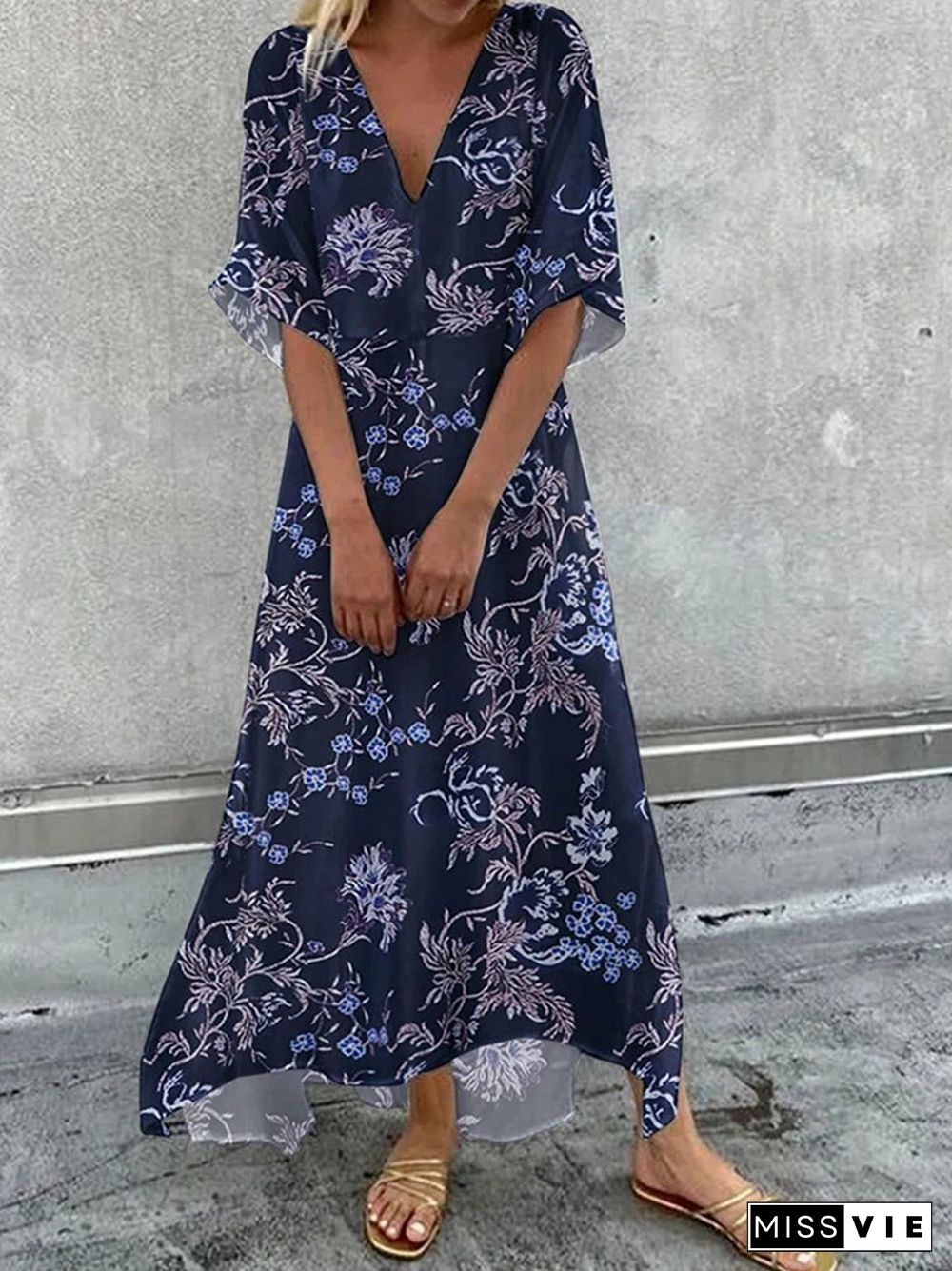 New Summer Ladies Short Sleeve V Neck Irregular Long Dress Casual Loose Commuter Office Dress Women Fashion Printed Dresses