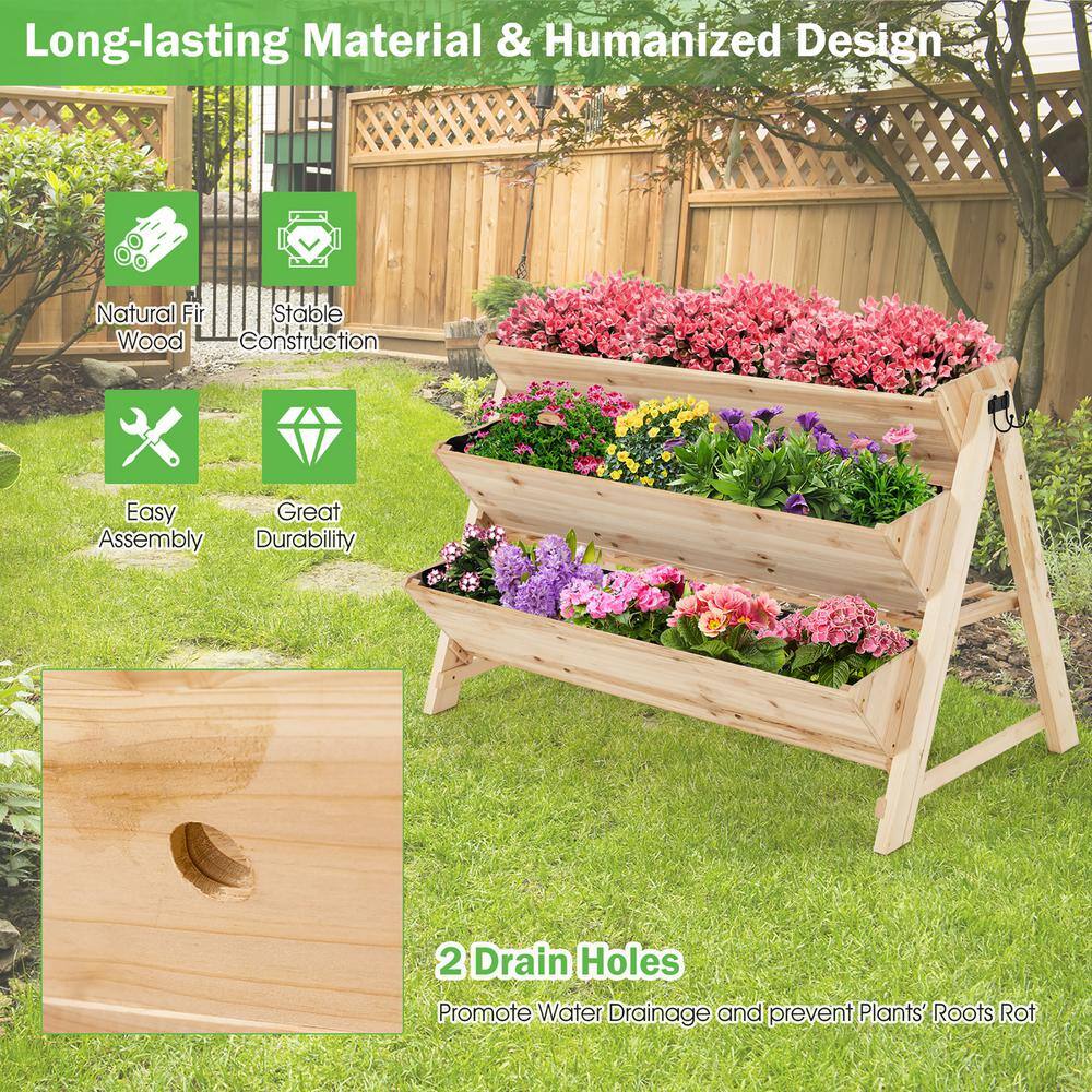 Costway 3 Tier Wooden Vertical Raised Garden Bed wStorage Shelf Side Hook  Liners TH10014