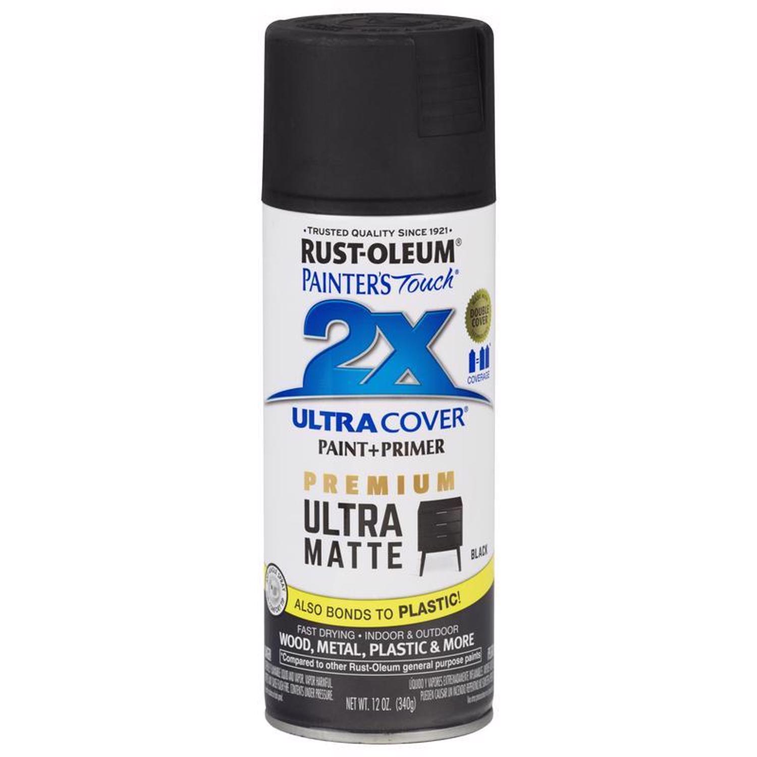 Rust-Oleum Painter\u0027s Touch 2X Ultra Cover Ultra Matte Black Paint+Primer Spray Paint 12 oz