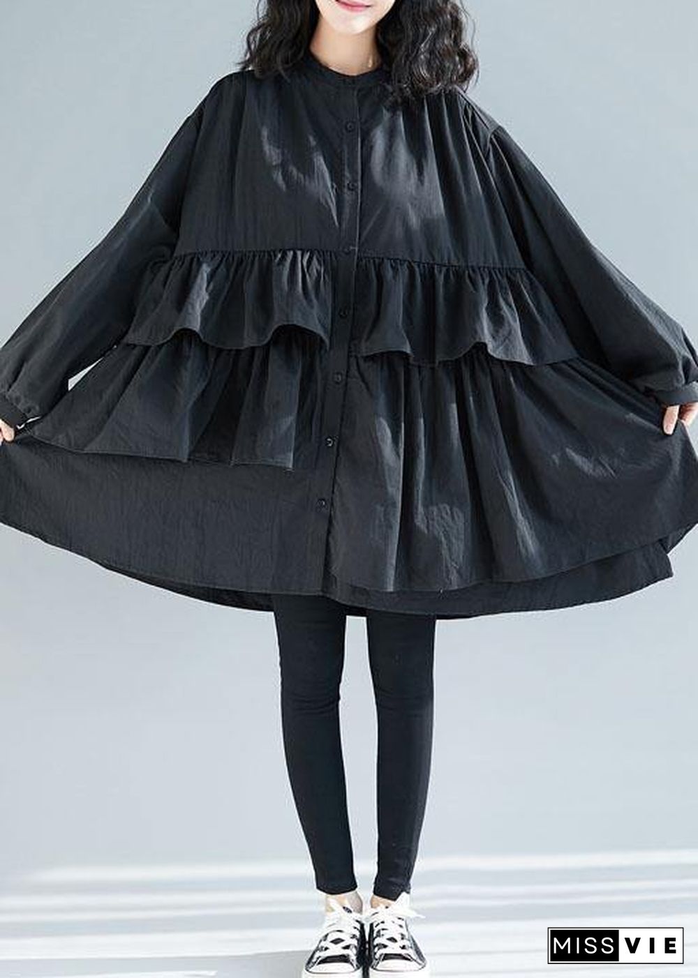 Loose black Cotton quilting dresses layered ruffles Art shirt Dress