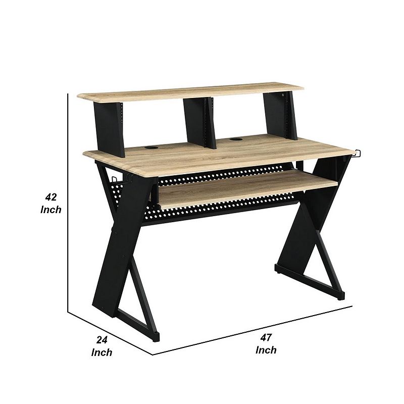 Tin 47 Inch Wood Music Desk Studio Station， Keyboard Tray， Shelves， Brown