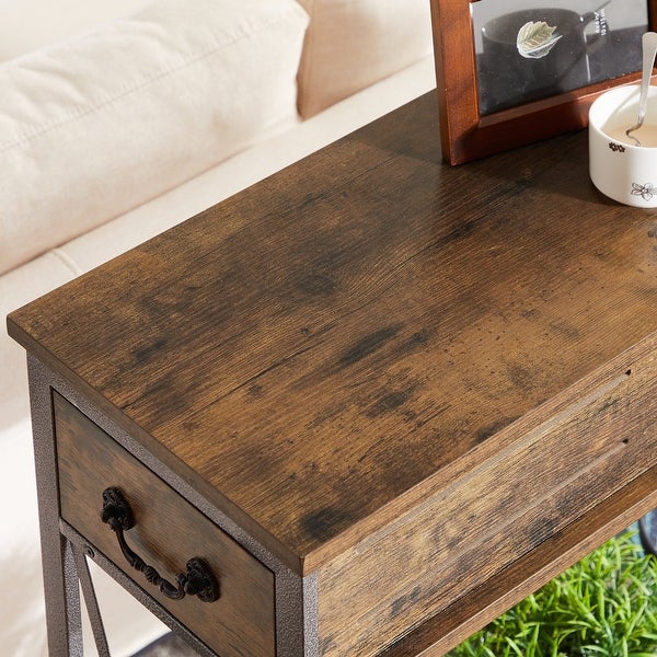 Modern Narrow Console Table with 2 Dual Drawer and Shelves， Brown