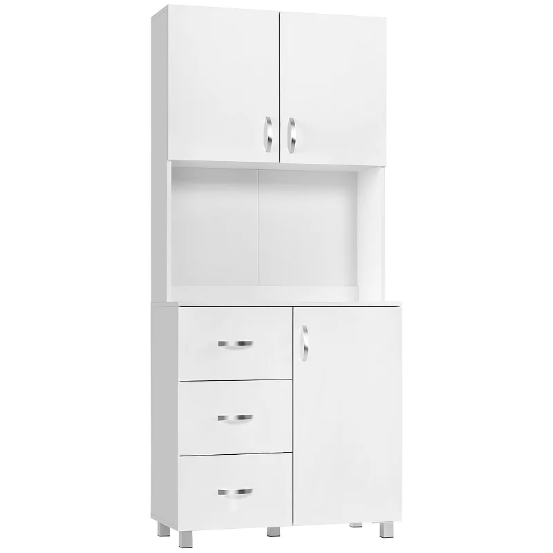 HOMCOM Freestanding Kitchen Buffet with Hutch Storage Organizer with 2 Door Cabinets 3 Drawers and Open Countertop Adjustable Shelf White