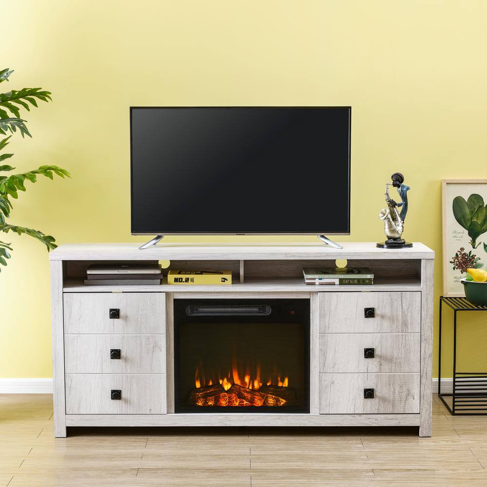 FESTIVO 64 in. Freestanding Electric Fireplace TV Stand in Saw Cut-Off White FFP20261