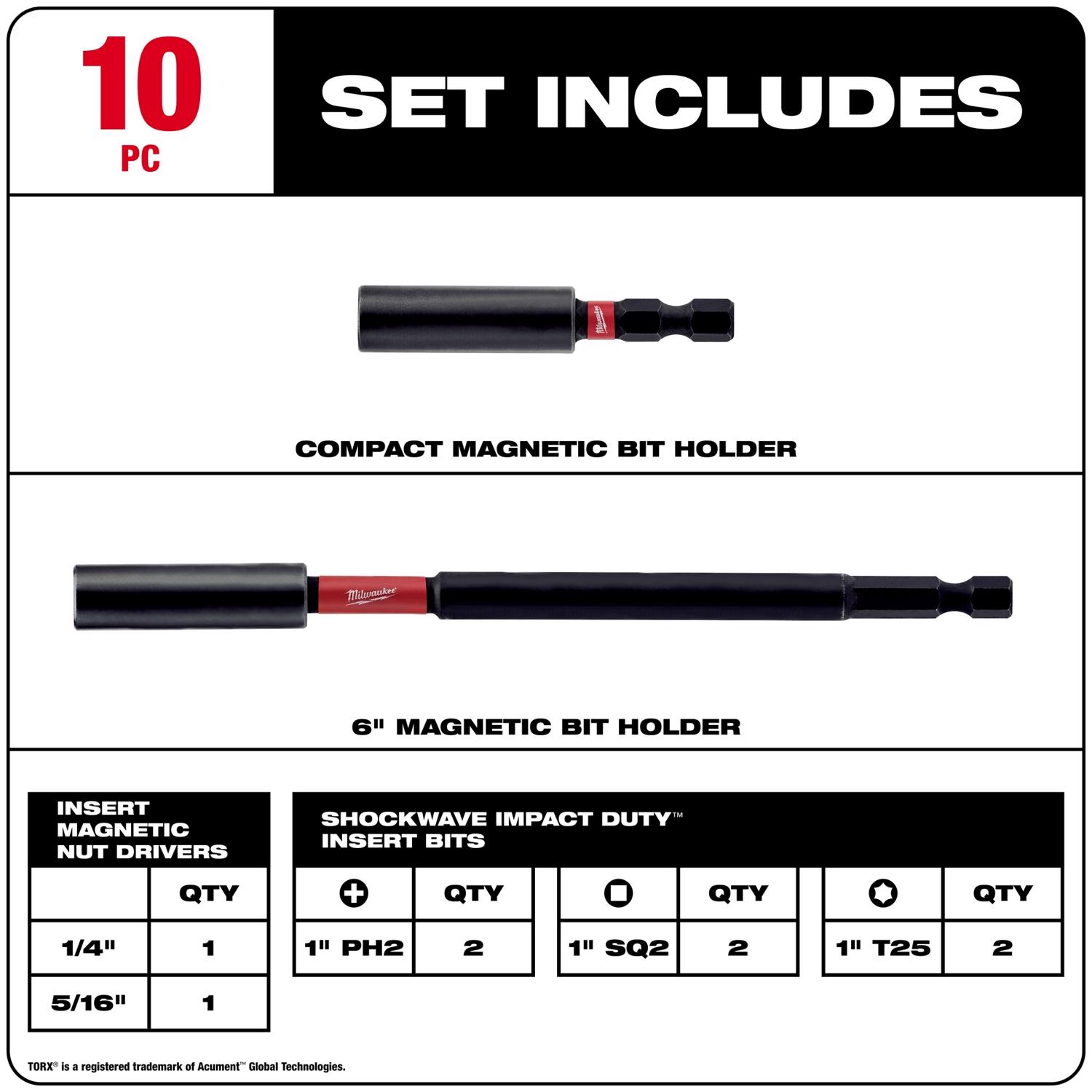 MW Shockwave Phillips/Square Recess/Torx Impact Insert Bit and Bit Holder Set Steel 10 pc