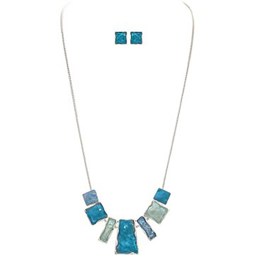 Rain  Silver Blue Enamel Squares Necklace Set