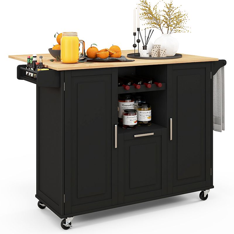 Rolling Kitchen Island Cart with Drop-Leaf Countertop ad Towel Bar-Black