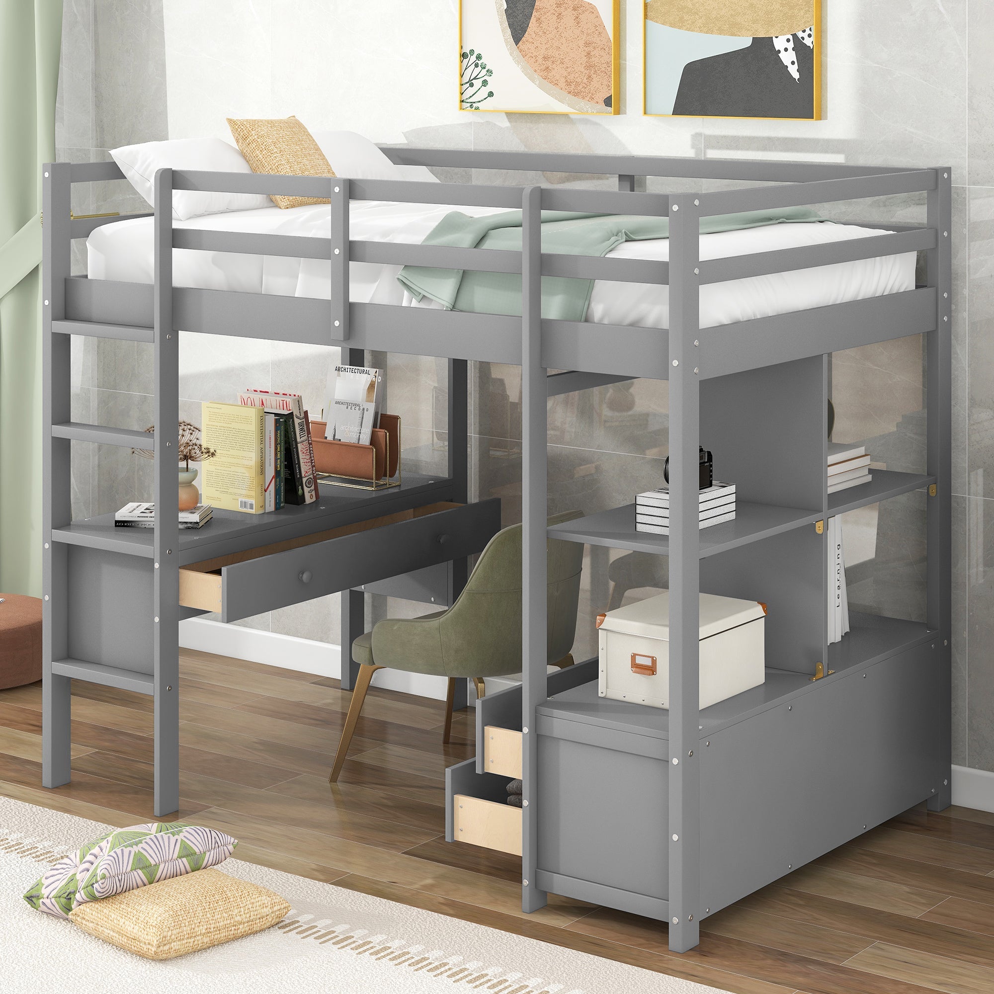 Twin Size Wood Loft Bed with Desk, Drawers and Shelf for Kids Room, Gray