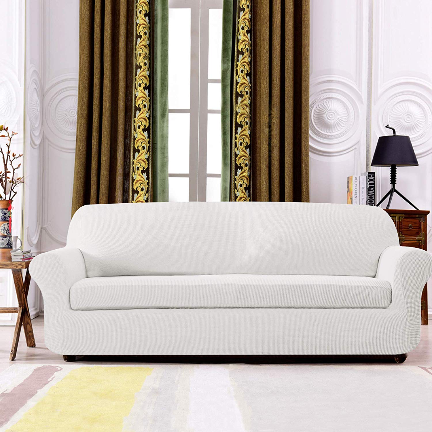 Subrtex Stretch 2-Piece Textured Plaid Sofa Slipcover, Off-white