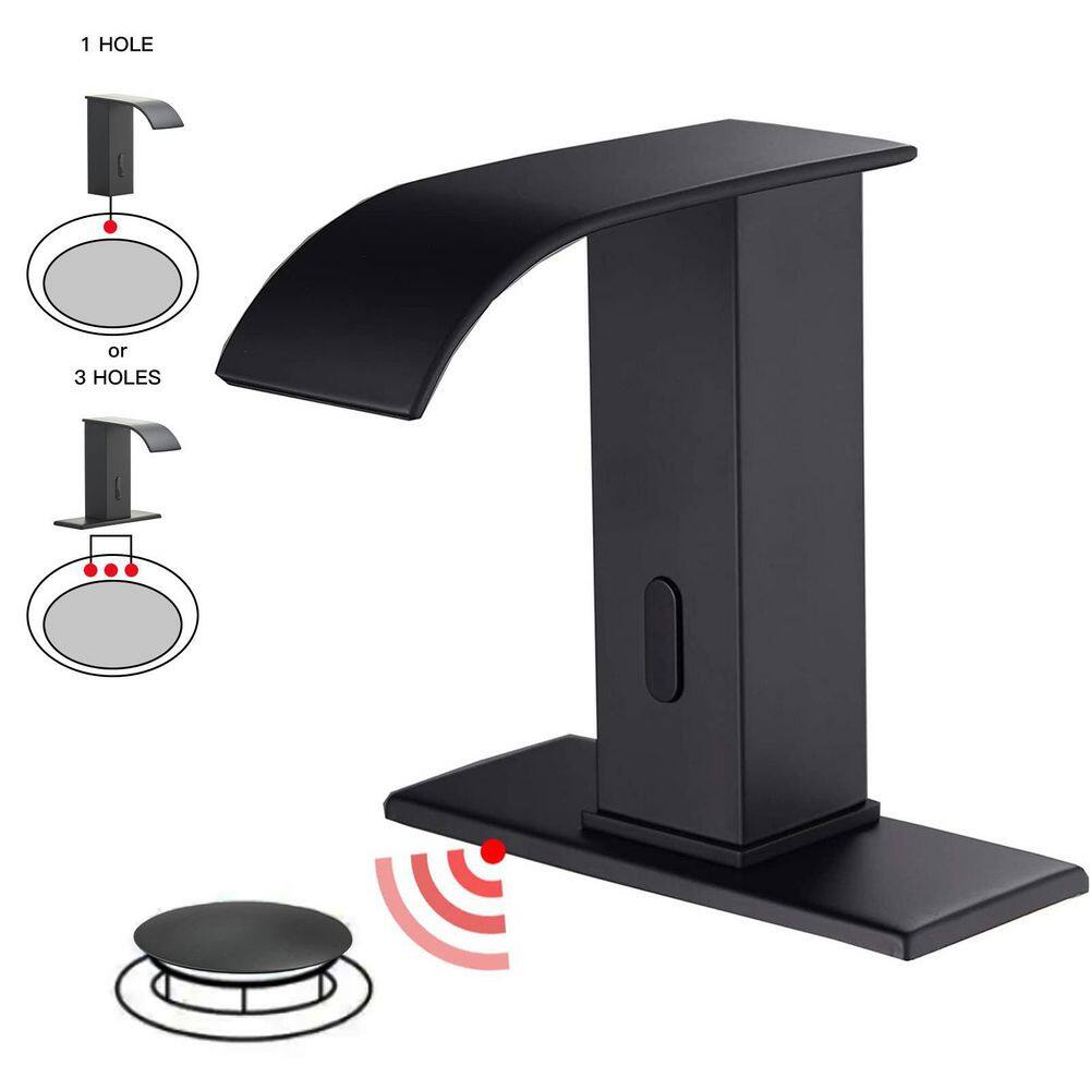 BWE DC Battery Powered Touchless Single Hole Bathroom Faucet Motion Sensor Deck Mount With Drain Assembly In Matte Black A-918105-B-2