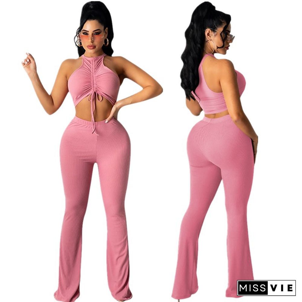 Solid Bandage Sleeveless Crop Top Flare Pants Set