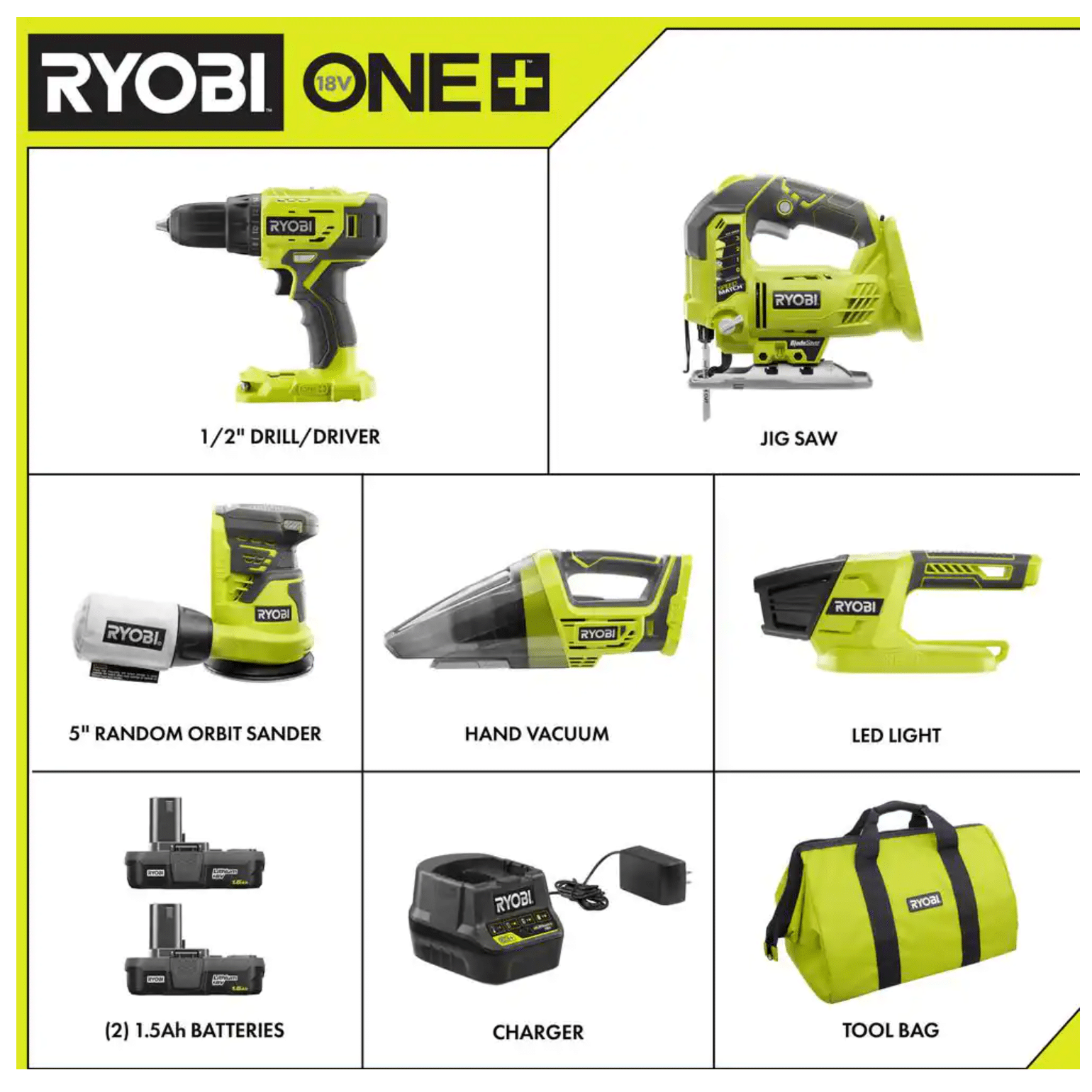 Ryobi One+ 18V Cordless 5-Tool Combo Kit with (2) 1.5 Ah Batteries， 18V Charger and Bag (PCK311KN)