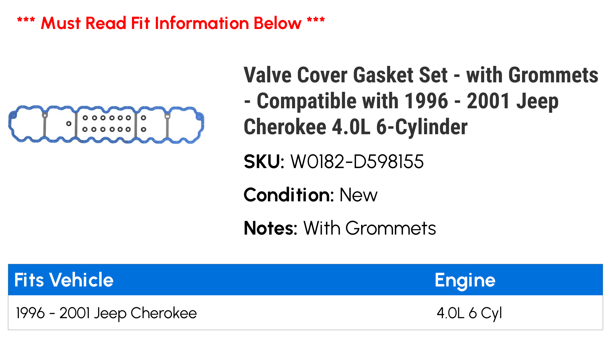 Valve Cover Gasket Set - with Grommets - Compatible with 1996 - 2001 Jeep Cherokee 4.0L 6-Cylinder 1997 1998 1999 2000