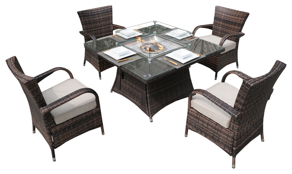 5 Piece Patio Square Fire Pit Table  Arm Chairs   Tropical   Outdoor Dining Sets   by Abrihome  Houzz