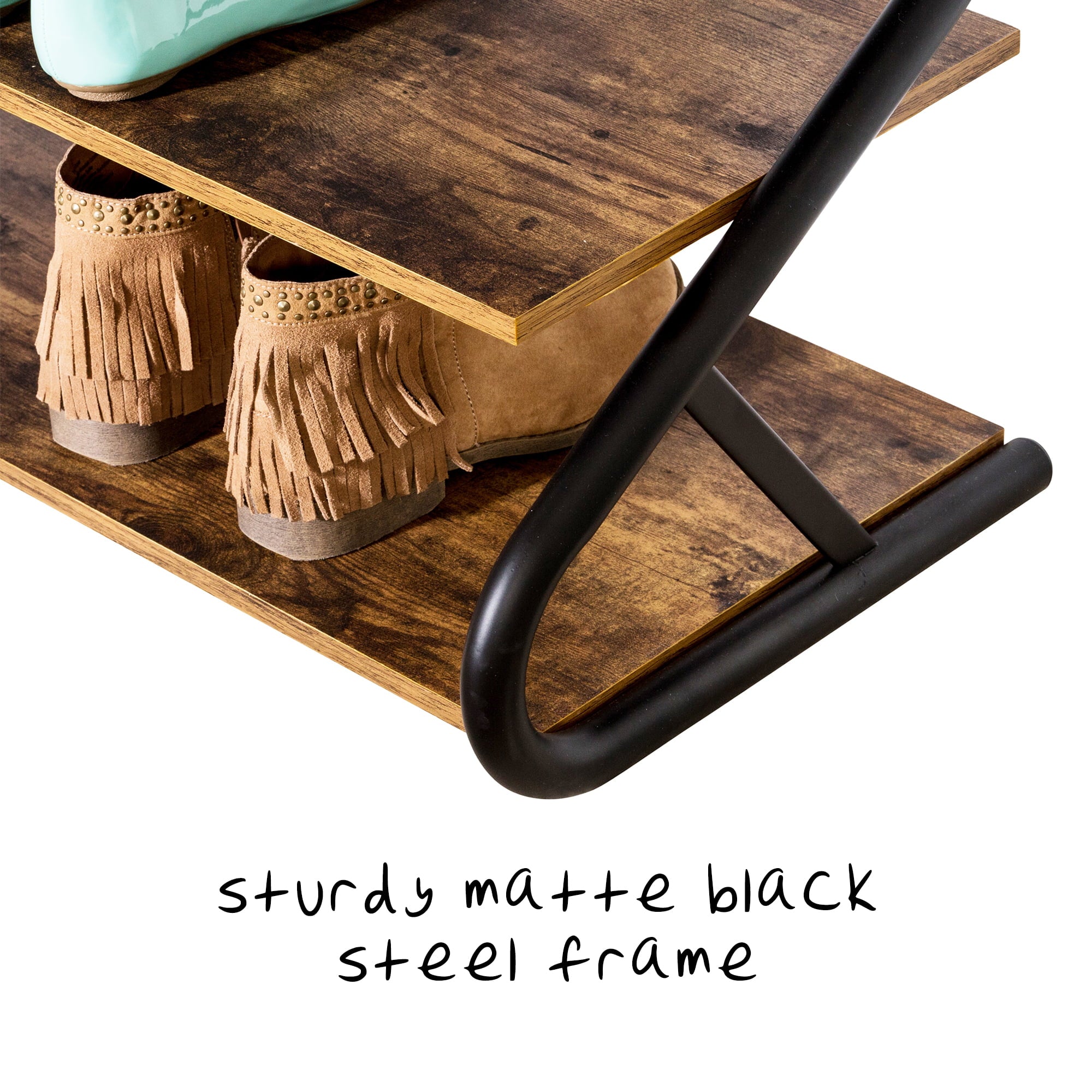 Honey Can Do 3-Shelf Z-Frame Wooden Shoe Rack with Matte Black Metal