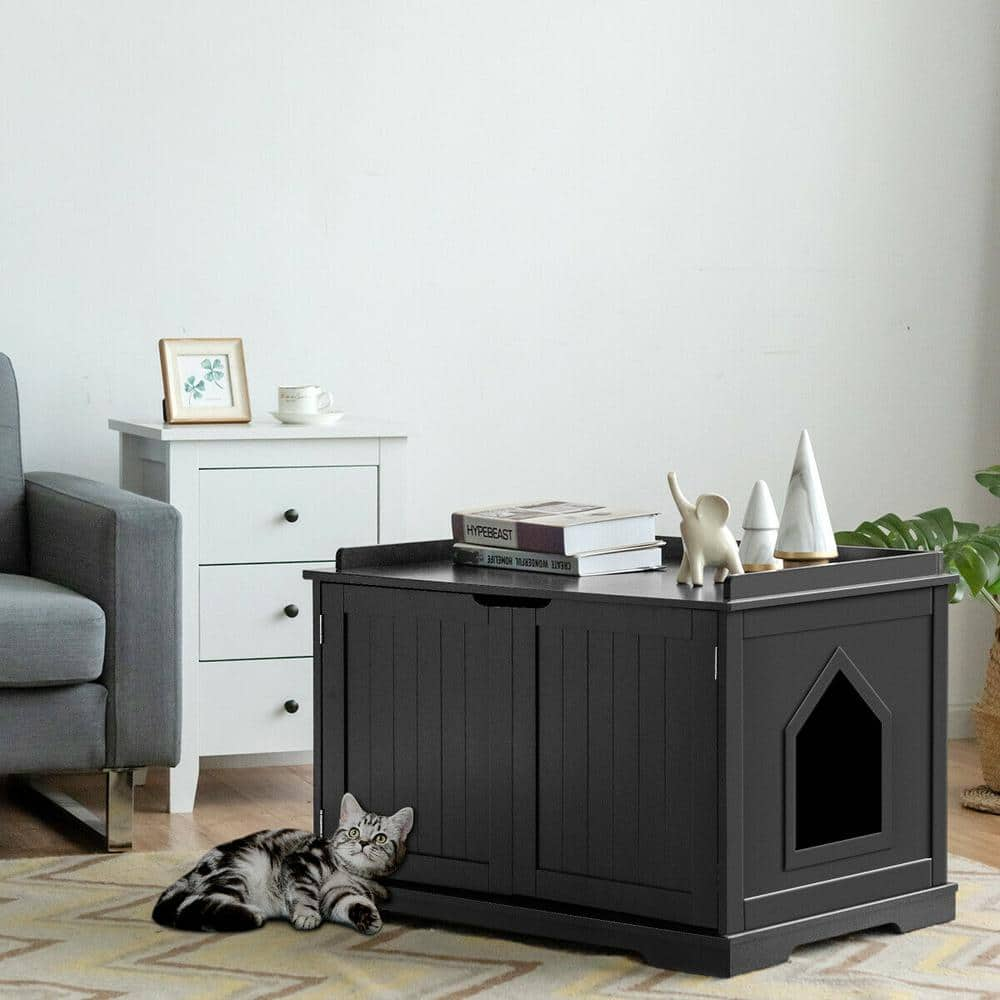 WELLFOR 29.5 in. W x 21 in. D x 20.5 in. H MDF Litter Box Cat Enclosure in Black with Double Doors for Large Cat and Kitty HW-HWY-65619BK