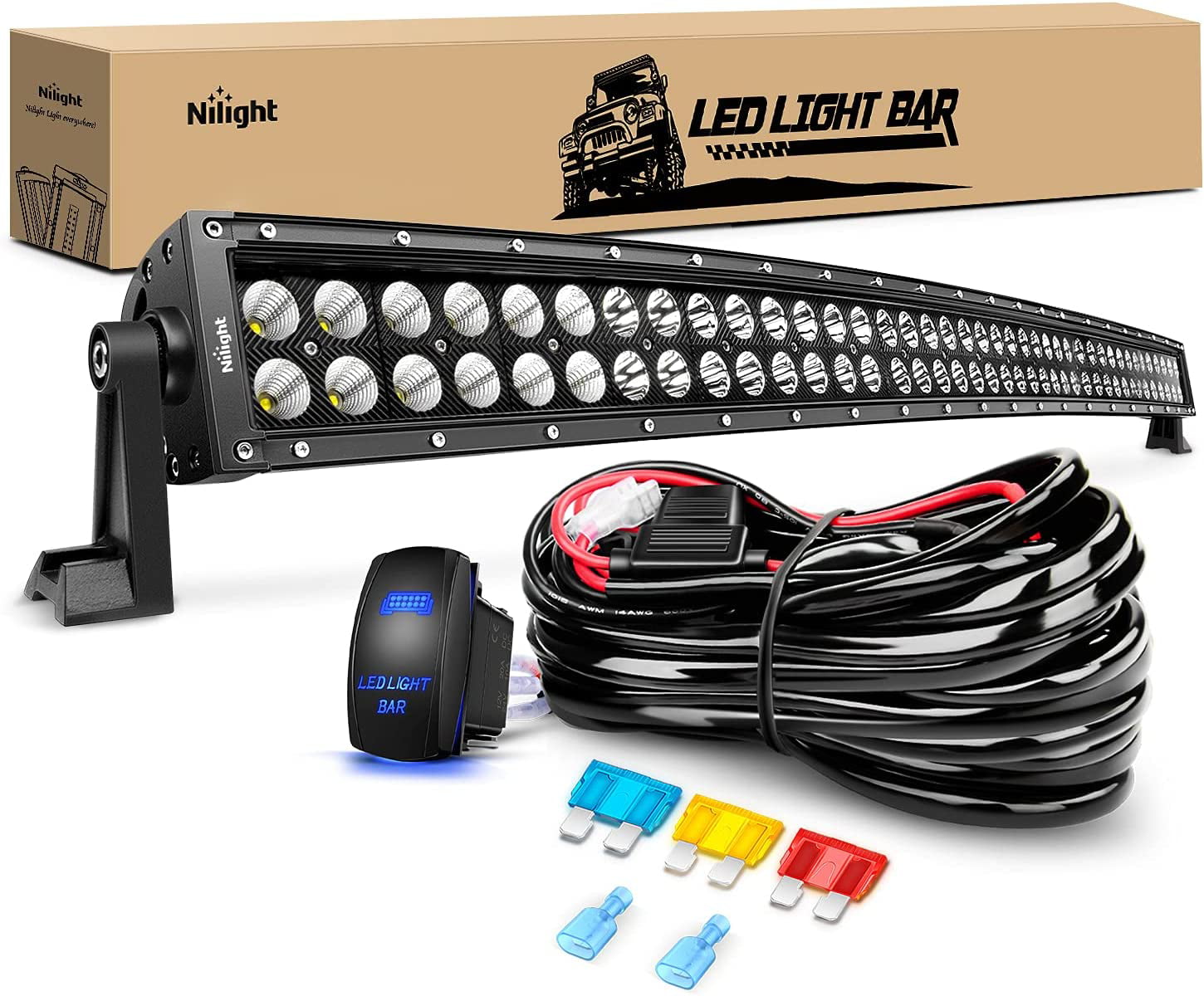 Nilight 42Inch 240W Black Curved Combo LED Work Light Bar  + Brackets + Wiring Harness + 5 Pin Rocker Switch for Rv Atv SUV Boat Jeep Lamp Tractor Marine Off-road Lighting