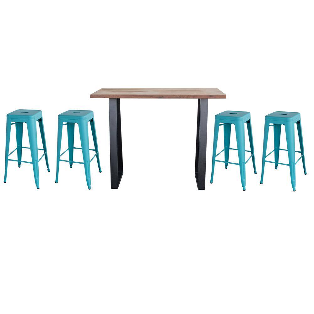 AmeriHome Teal Acacia Wood Top Bar Height Pub Set with Teal Bar Stools (Set of 5) AWBTTL4