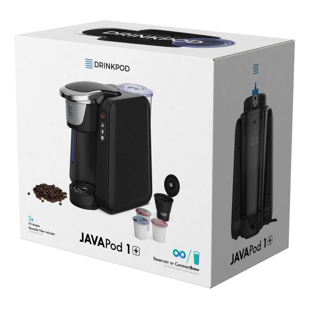 DRINKPOD JAVAPod K-Cup Black Coffee Maker Single Serve Brewer 10 Cup Refillable or Unlimited Cup In-Line Direct Water Connection DPJPOD1K