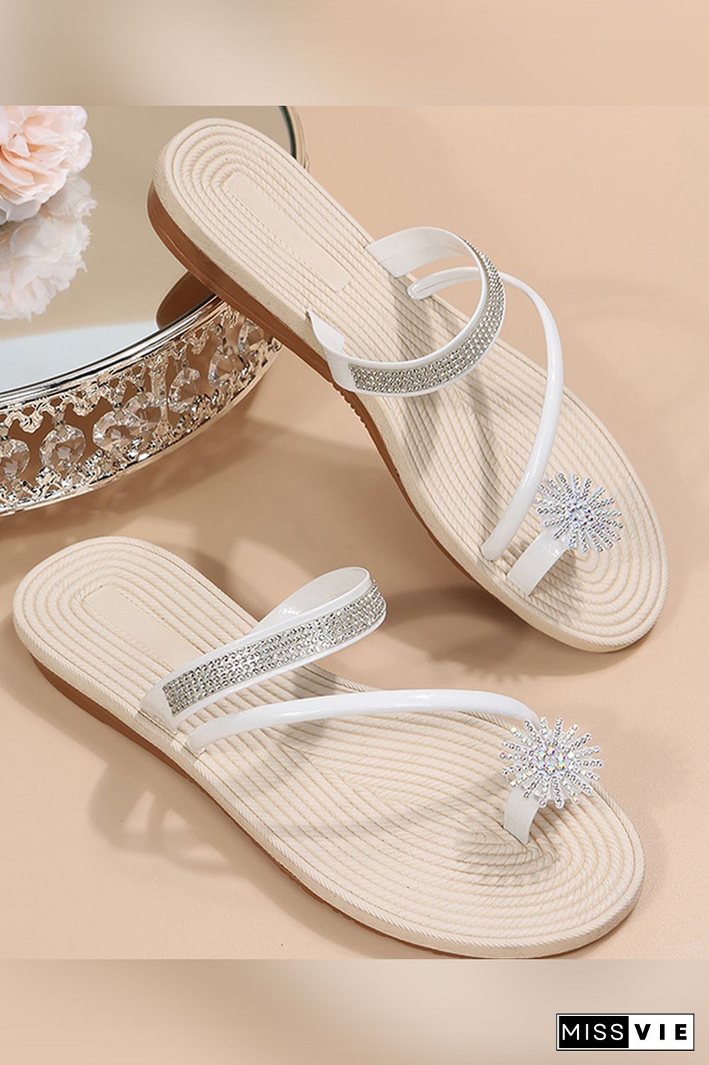 Rhinestone Toe Ring Flat Sandals