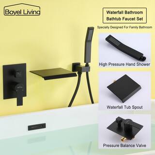 Boyel Living Single-Handle Wall Mount Roman Tub Faucet with Hand Shower in Matte Black SMD-88021B