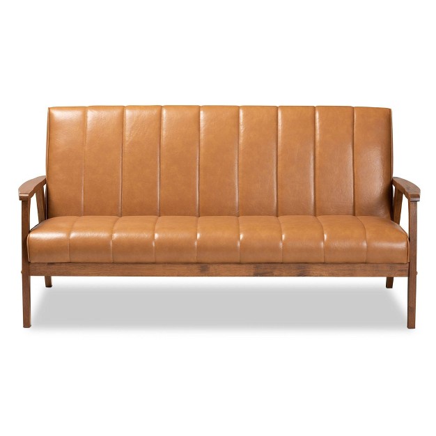 Nikko Mid century Faux Leather Upholstered Wood Sofa Walnut brown Baxton Studio