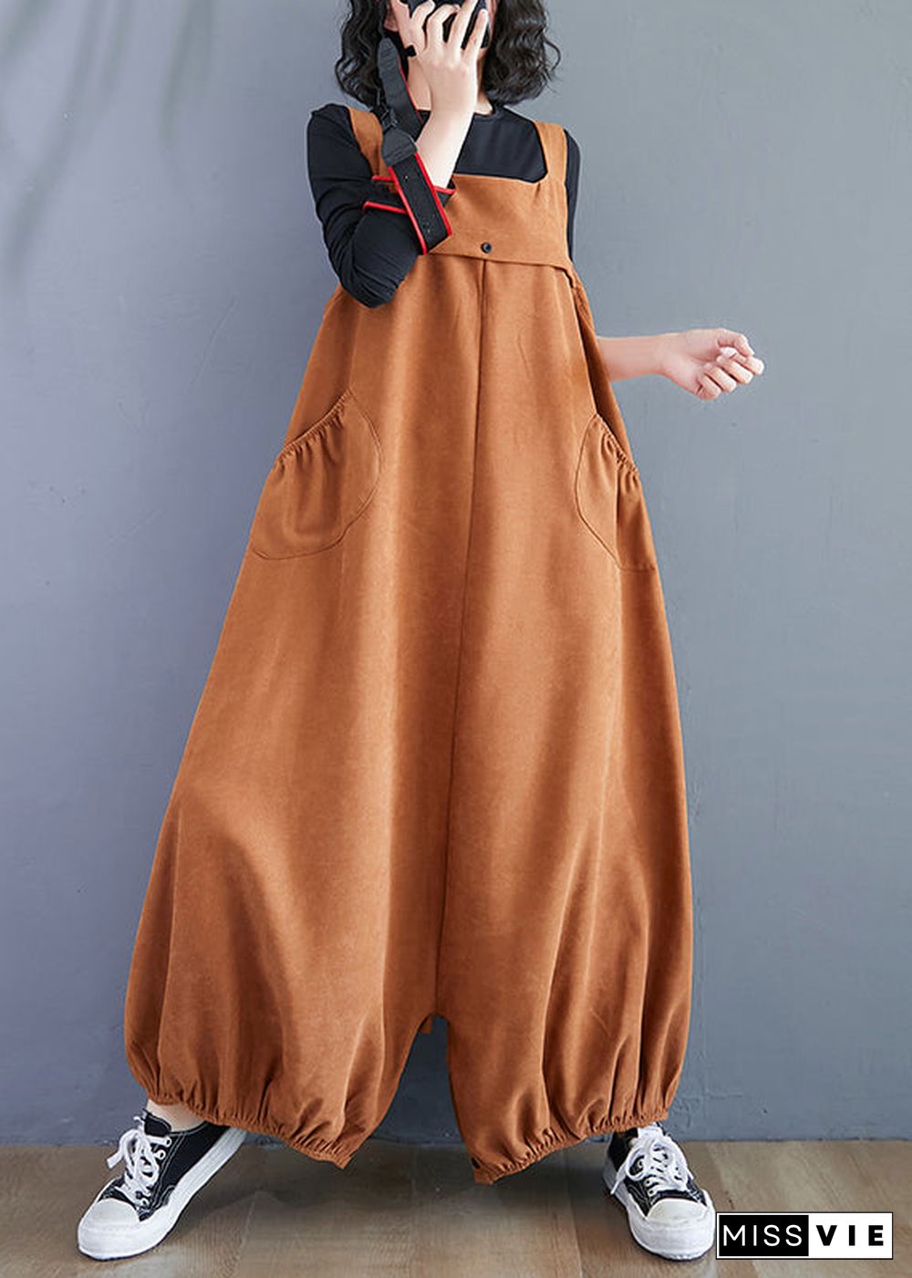 Unique Caramel Pockets High Waist Patchwork Corduroy Jumpsuit Fall