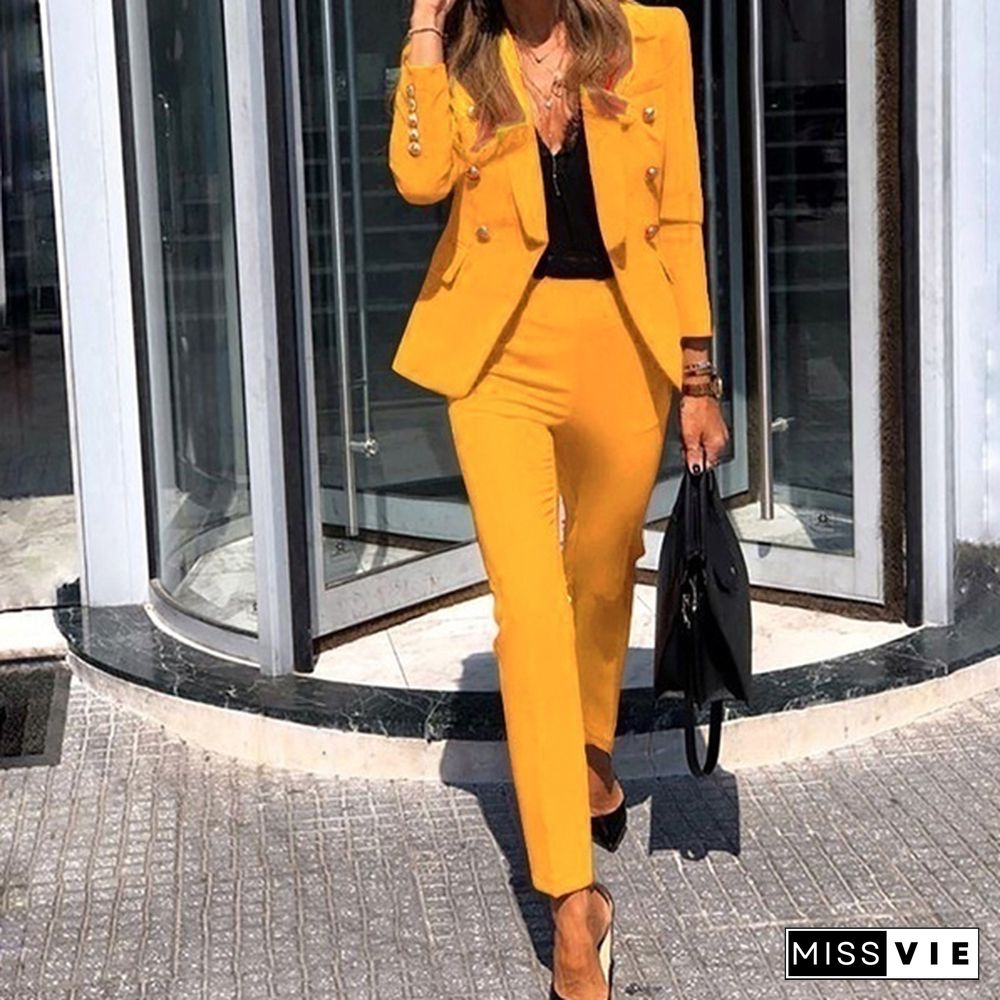 New Arrival Women's Fashion Two-Piece Casual Suits Blazer And Pants Set Office Lady Clothing Solid Color Plus Size