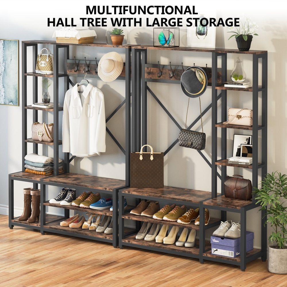 Entryway Hall Tree Coat Rack with Shoe Bench and Side Storage Shelves