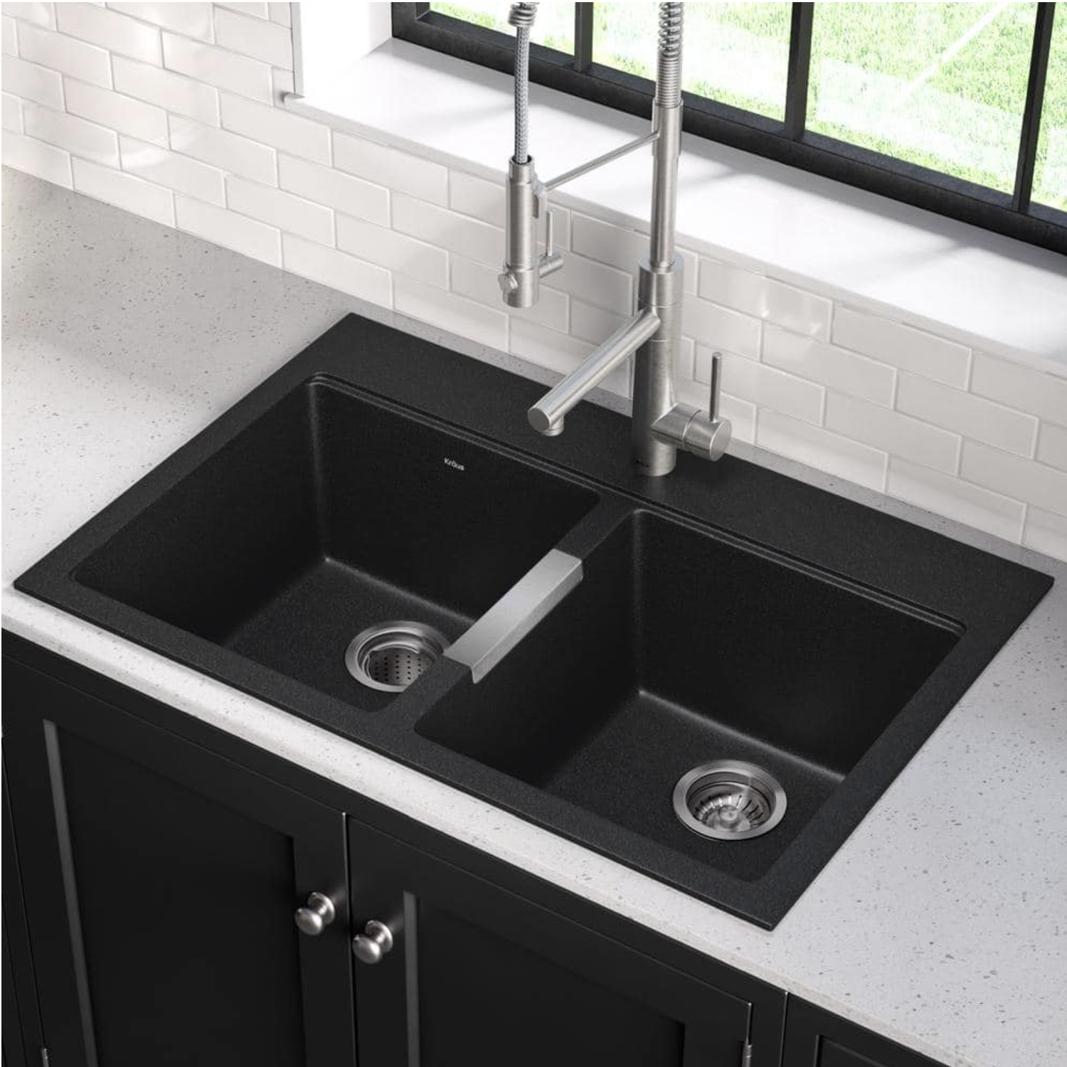 Kraus 33 Inch Dual Mount 50/50 Double Bowl Granite Kitchen Sink w/Topmount and Undermount Installation in Black Onyx