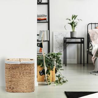 Seville Classics Hand Woven Natural Wicker Water-Hyacinth Lidded Oval Double Laundry Hamper with Bags WEB706