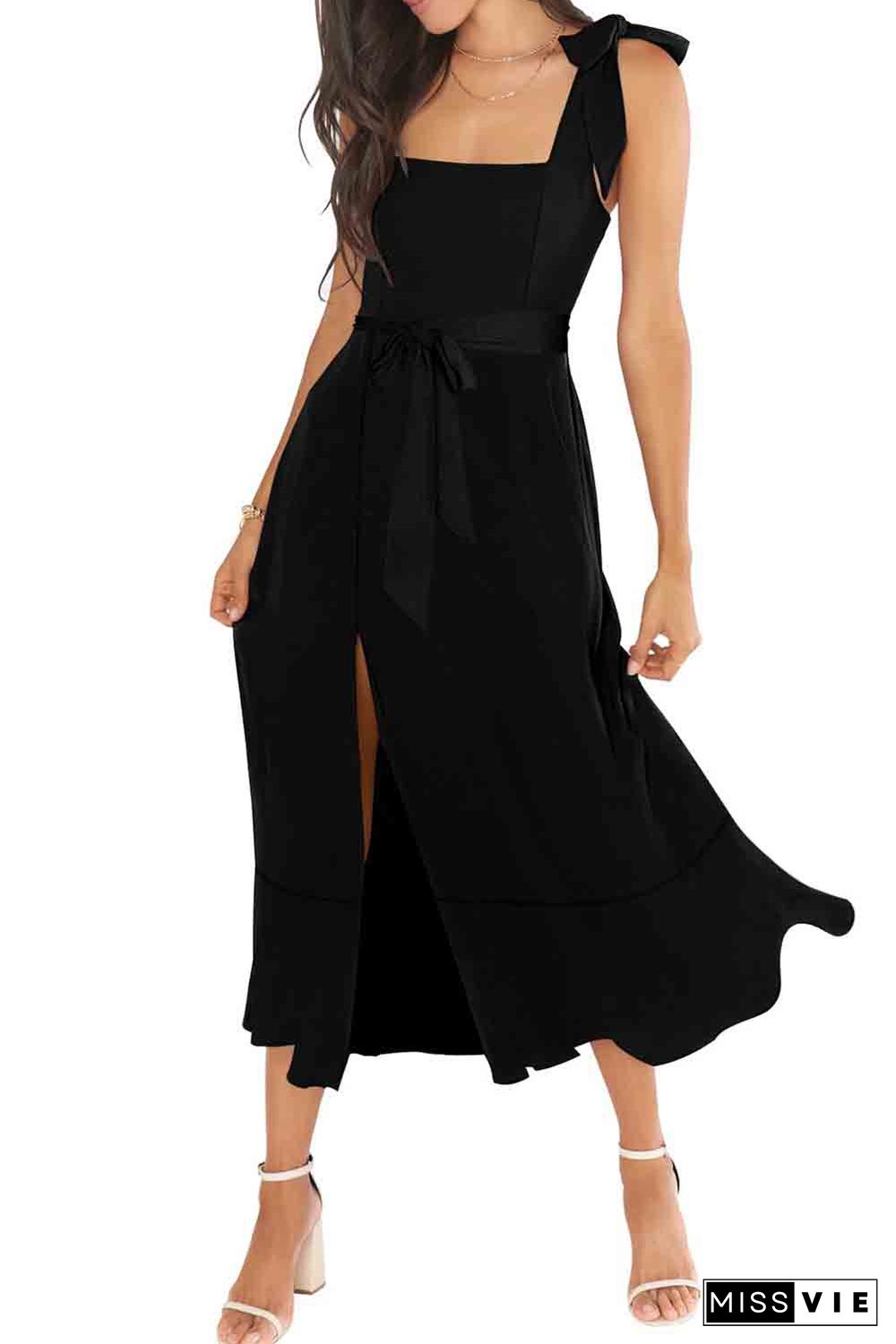 Black Tie Shoulder Smocked Back Side Slit Maxi Dress