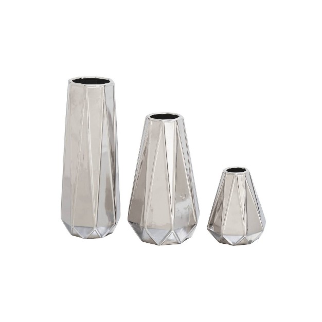 Set Of 3 Glam Style Geometric Metallic Electroplated Vases Silver Cosmoliving By Cosmopolitan