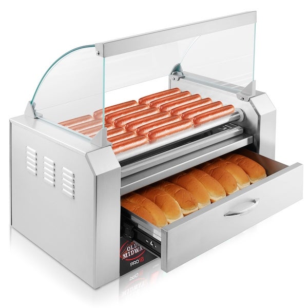 Electric Hot Dog Roller Grill Cooker Machines with Bun Warmer and Cover - Silver