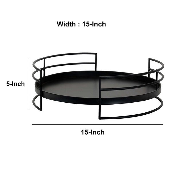 15 Inch Industrial Round Server Tray with Handle， Black Iron Frame - 5 H x 15 W x 15 L Inches