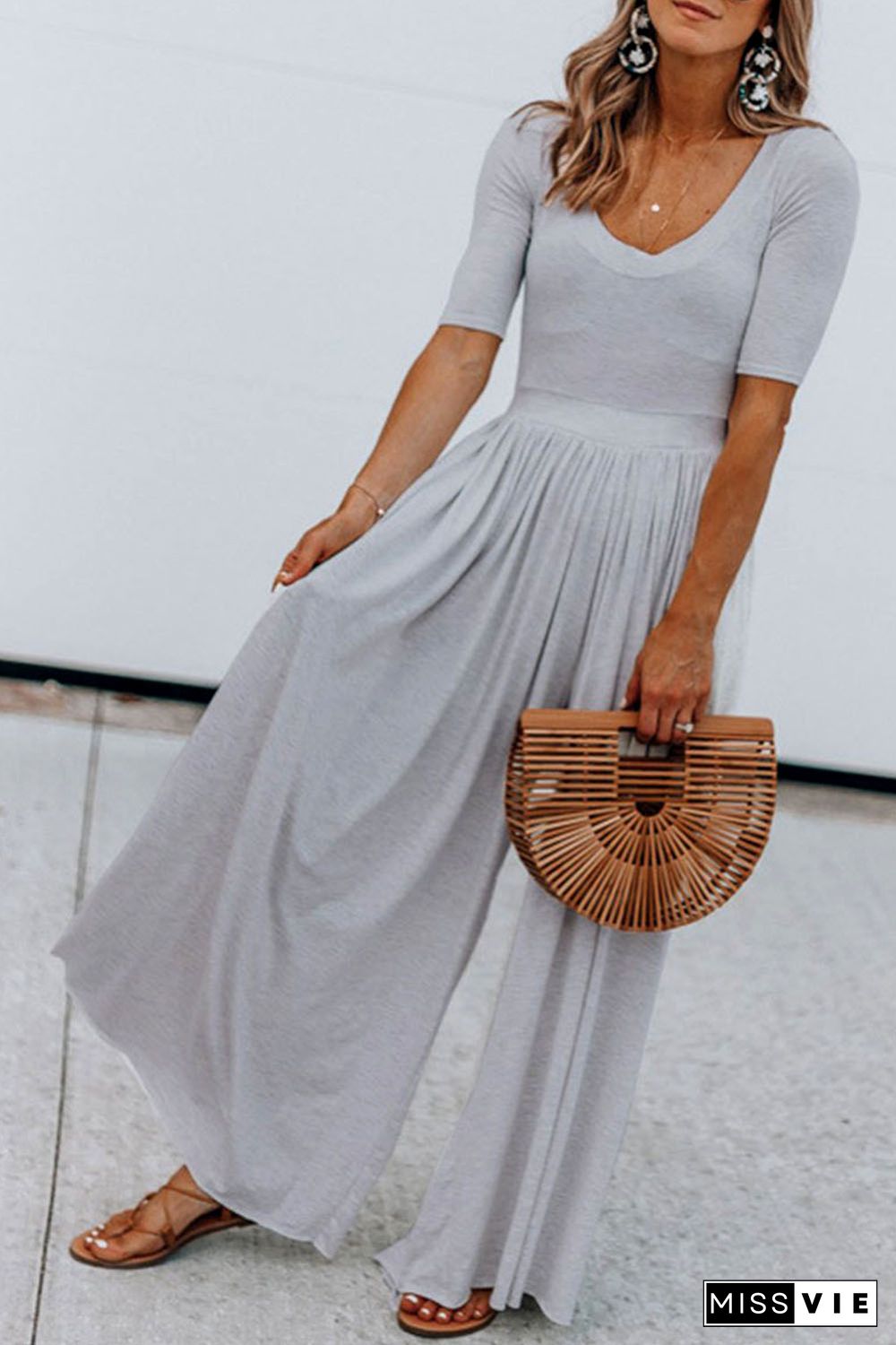 Gray Short Sleeve Bodice Flowy Wide Leg Jumpsuit