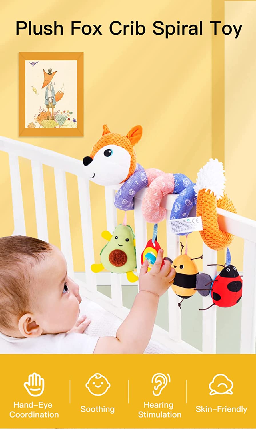 Grey Fox Baby Car Seat Stroller Toys， Plush Activity Hanging Spiral Activity Pram Crib with Music Box， Rattles， Squeaker