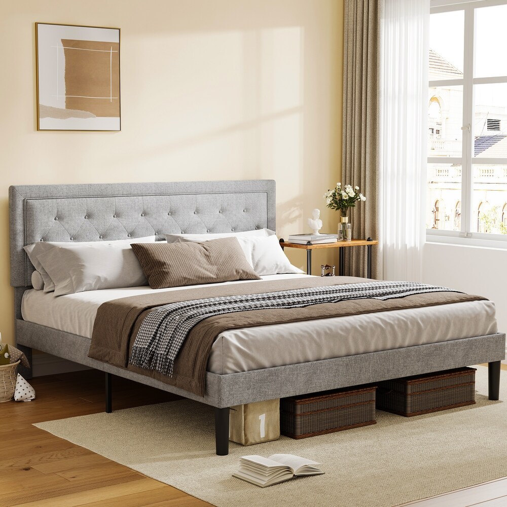 Simple Wood Slat Support Platform Bed Frame Adjustable Headboard Bed