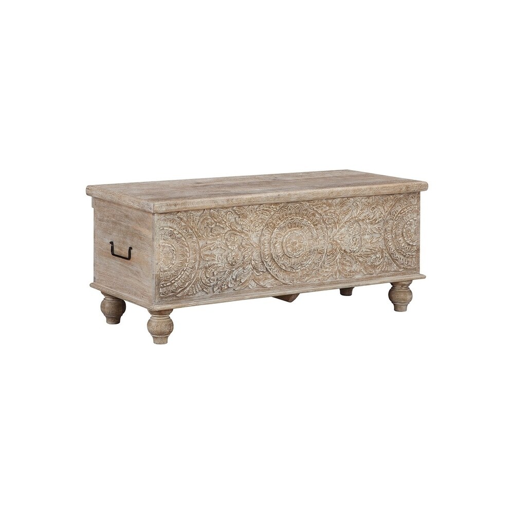 Fossil Ridge Antique White Carved Medallion Storage Bench