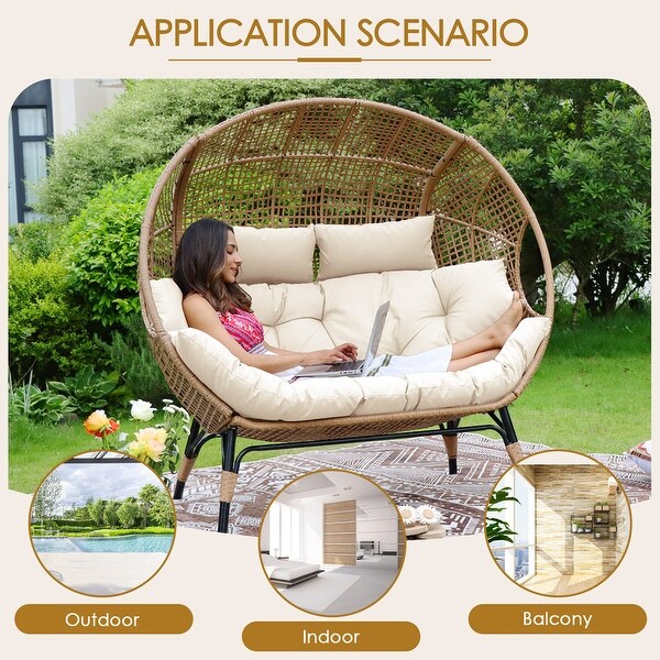 Nicesoul 2 Person Egg Chair with Ottoman Double Patio Outdoor Wicker Basket